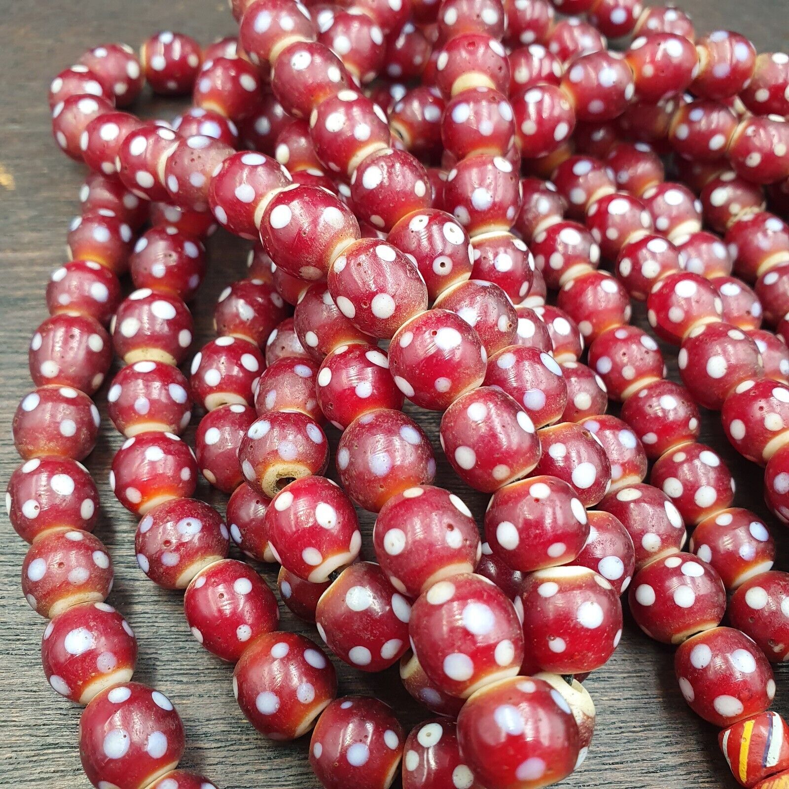 Antique Venetian Style old red white heart Skunk beads African Necklace