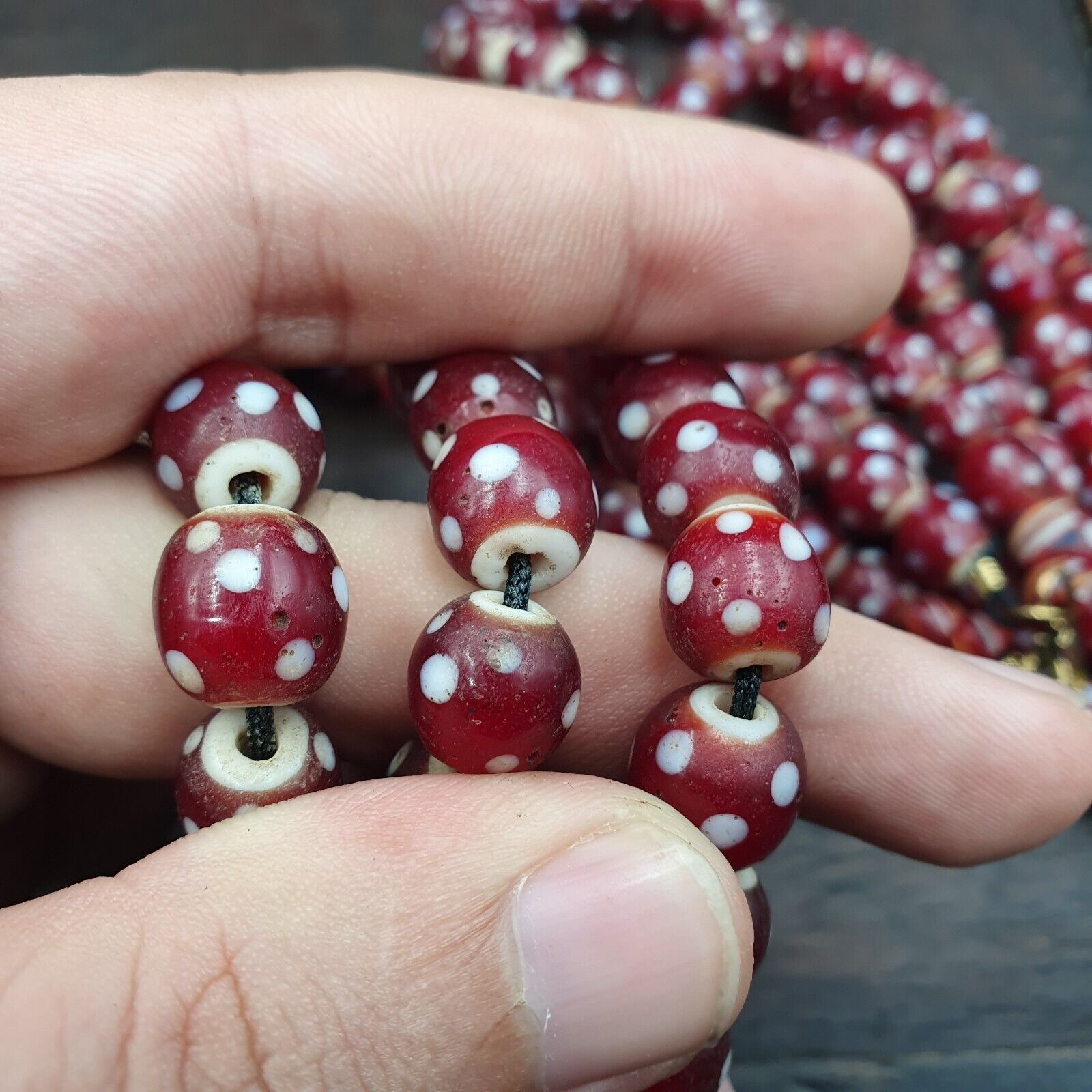 Antique Venetian Style old red white heart Skunk beads African Necklace