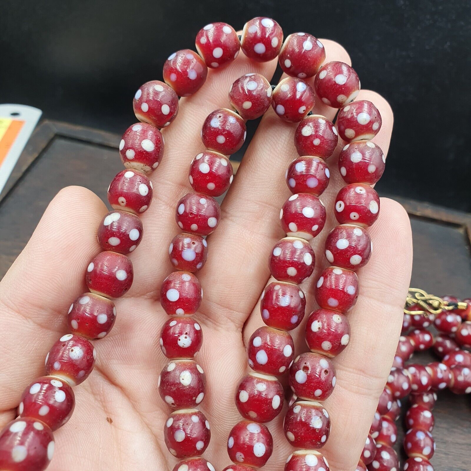 Antique Venetian Style old red white heart Skunk beads African Necklace