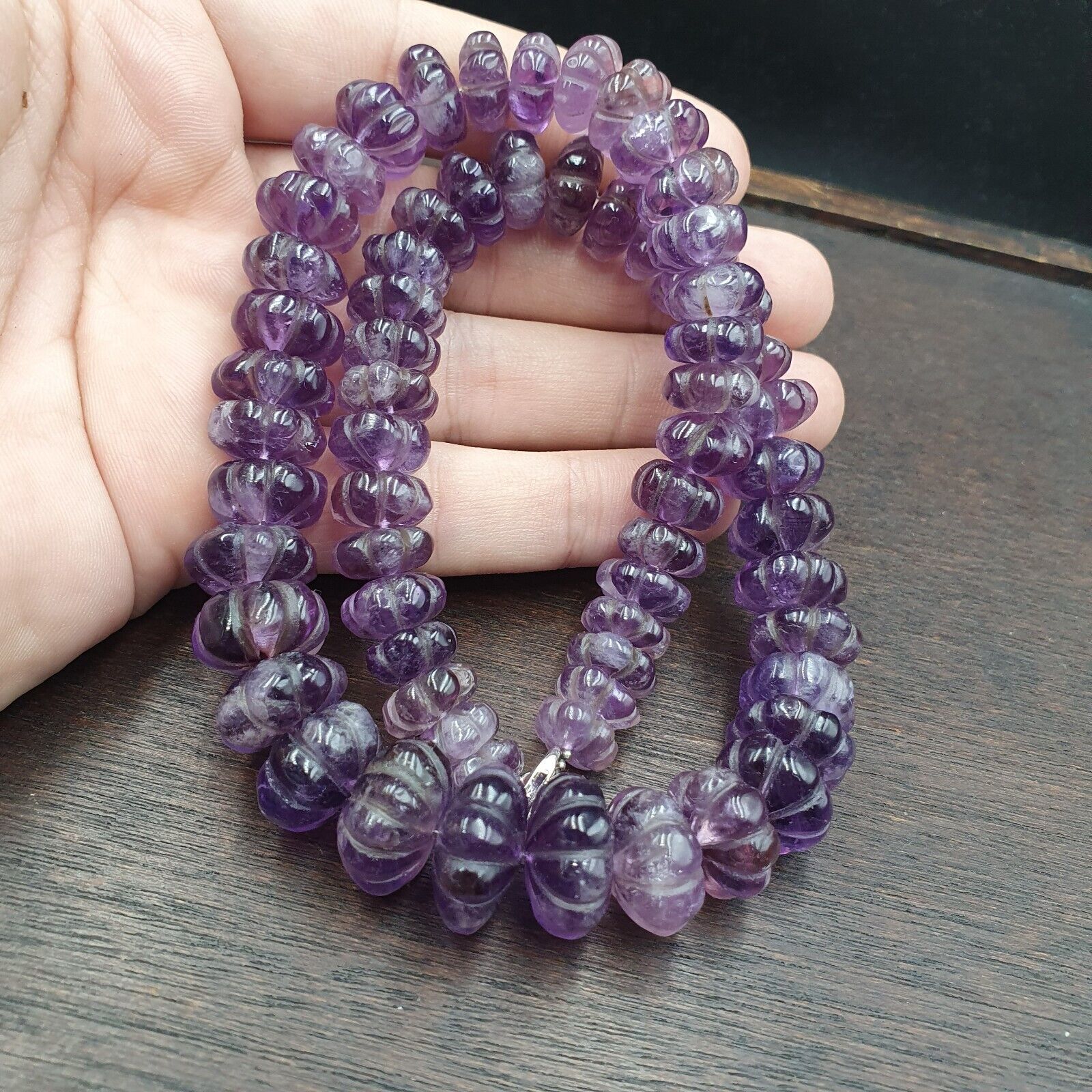 Vintage Amethyst Carving Gemstone Melon Shape Beads Necklaces