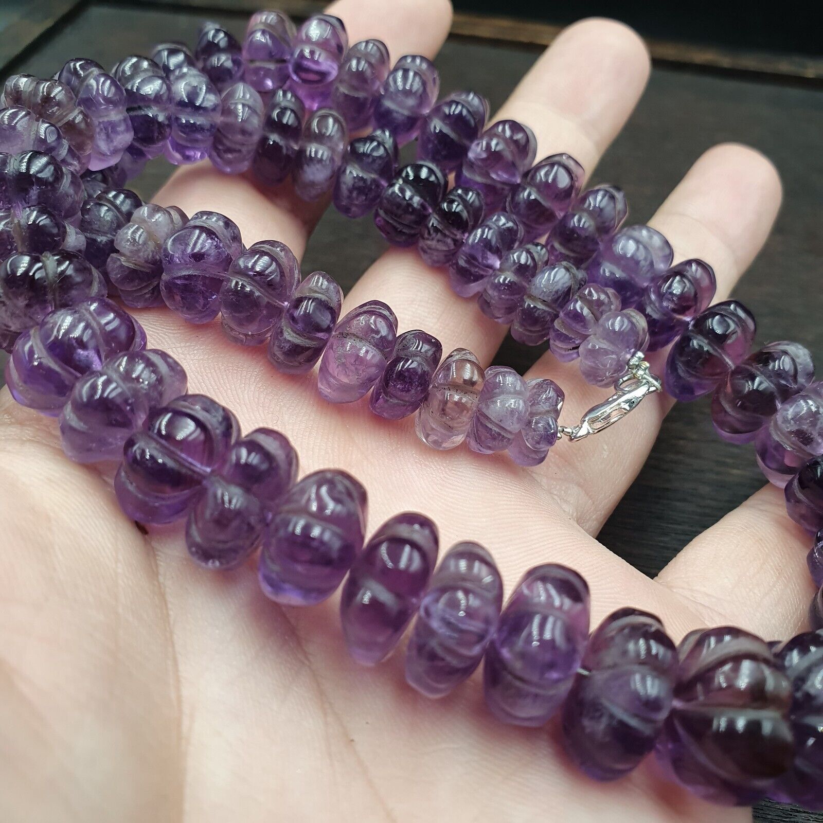 Vintage Amethyst Carving Gemstone Melon Shape Beads Necklaces
