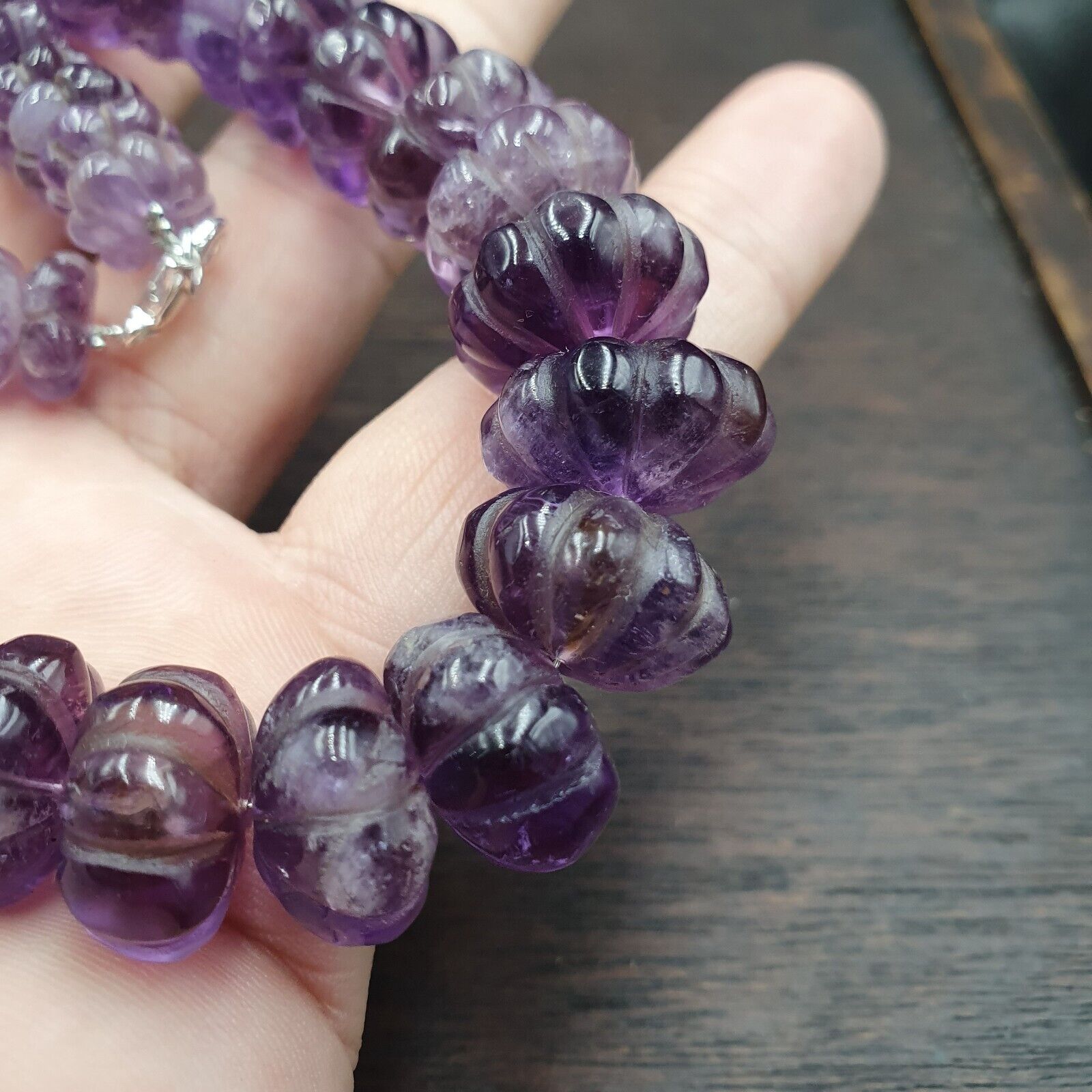 Vintage Amethyst Carving Gemstone Melon Shape Beads Necklaces