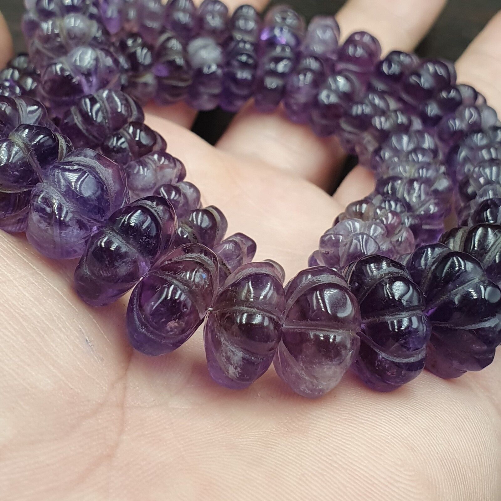 Vintage Amethyst Carving Gemstone Melon Shape Beads Necklaces