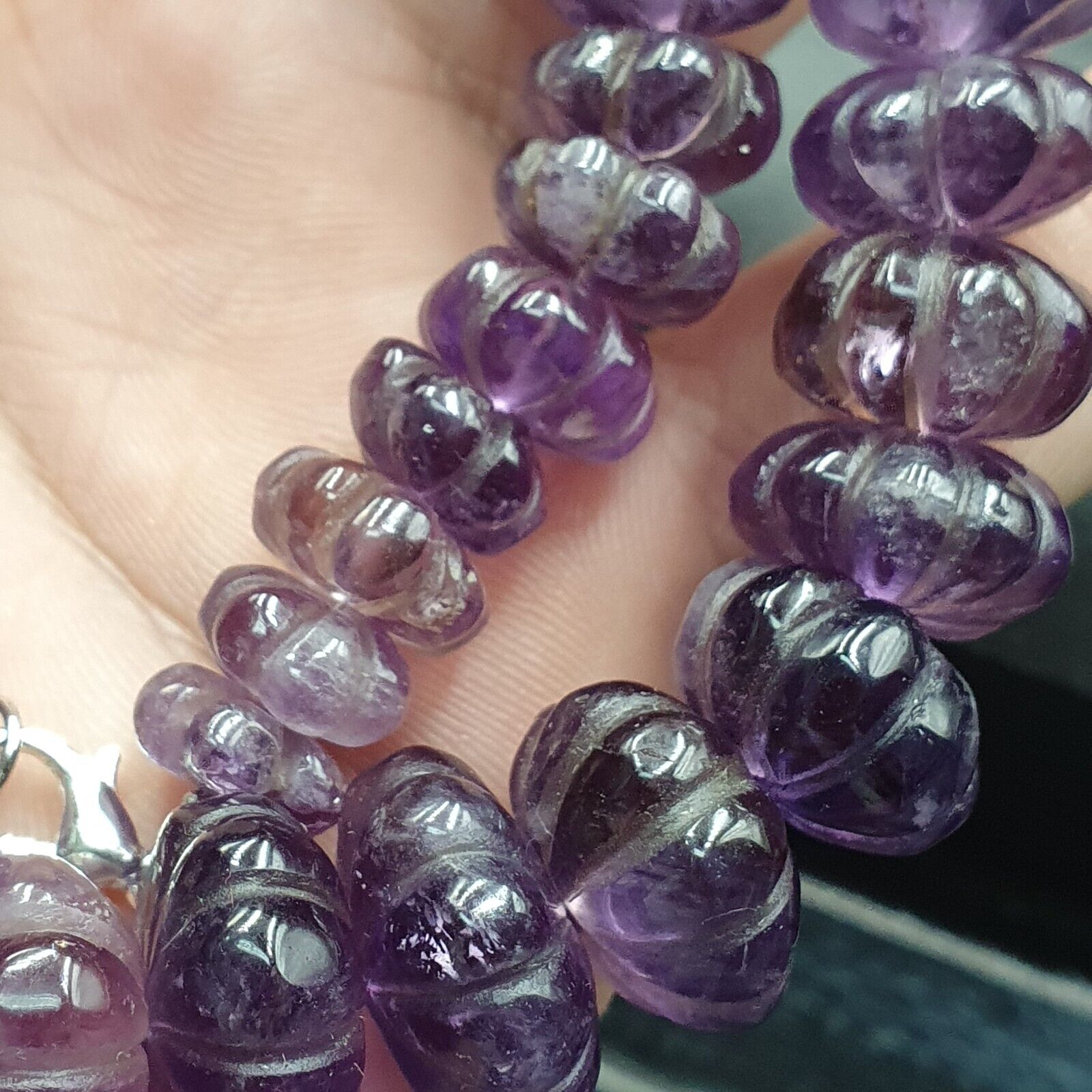 Vintage Amethyst Carving Gemstone Melon Shape Beads Necklaces
