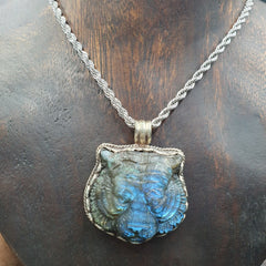 BIG MEN'S VINTAGE Natural Blue Fire Carving Labradorite Lion Face Necklace 2