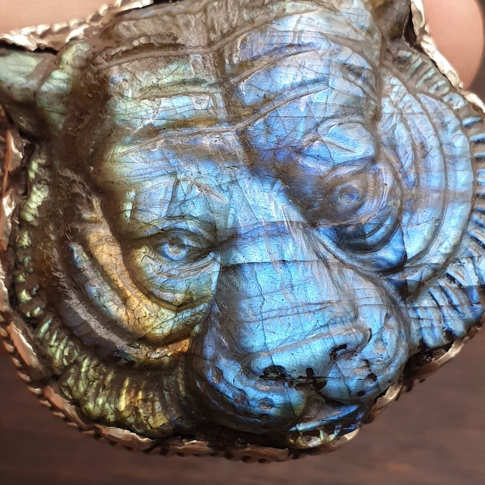 BIG MEN'S VINTAGE Natural Blue Fire Carving Labradorite Lion Face Necklace 2
