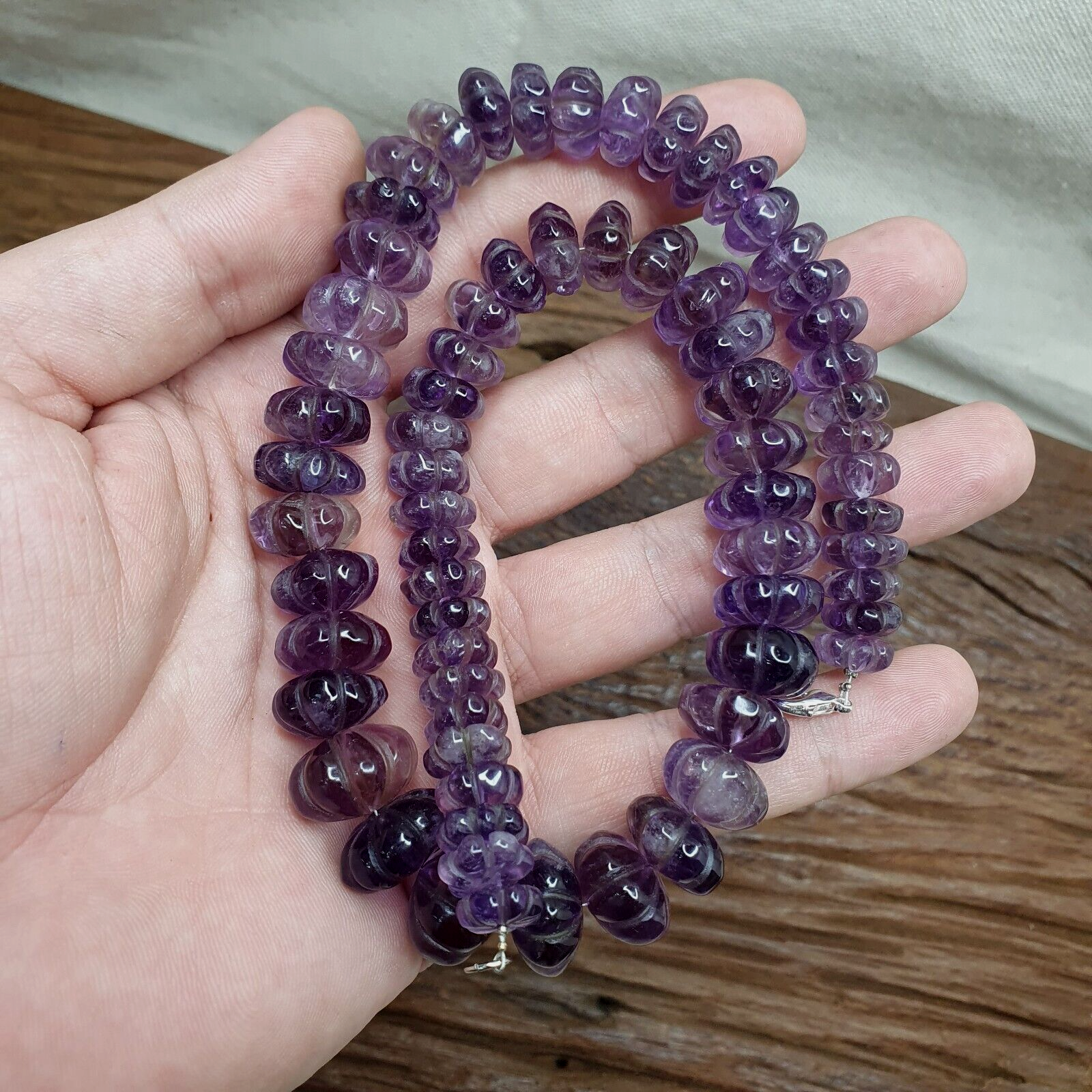 Vintage Amethyst Carving Gemstone Melon Shape Beads Necklaces