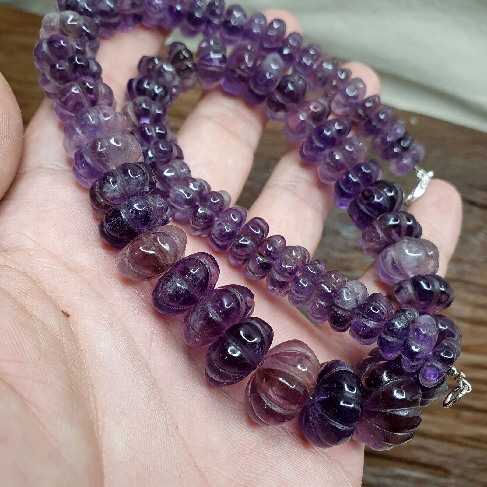 Vintage Amethyst Carving Gemstone Melon Shape Beads Necklaces