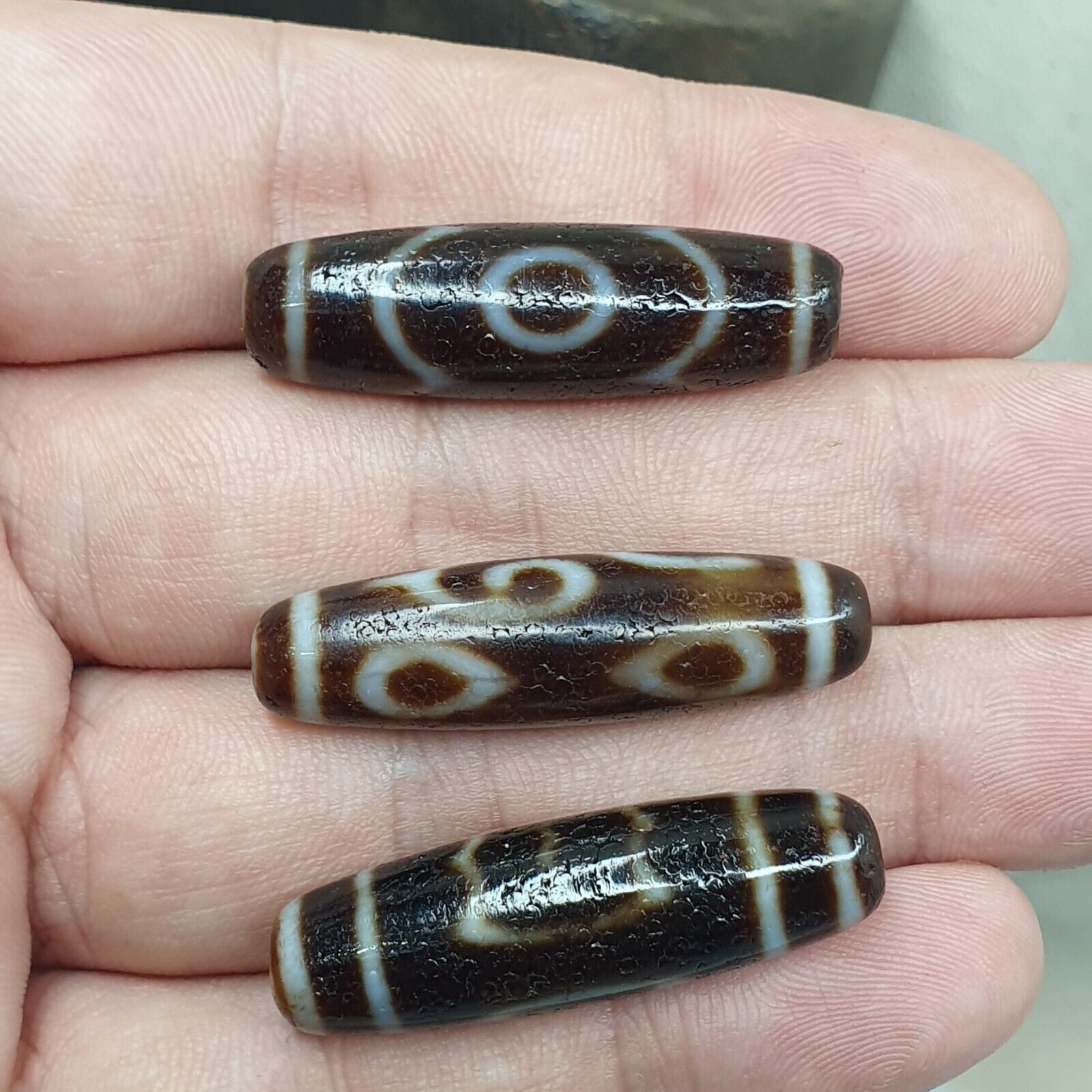 Lot 3 Vintage Tibetan Unique pattern Eyes Agate stone Dzi Bead Amulet