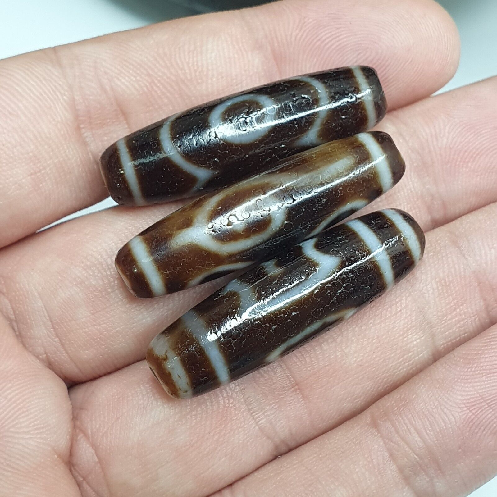 Lot 3 Vintage Tibetan Unique pattern Eyes Agate stone Dzi Bead Amulet
