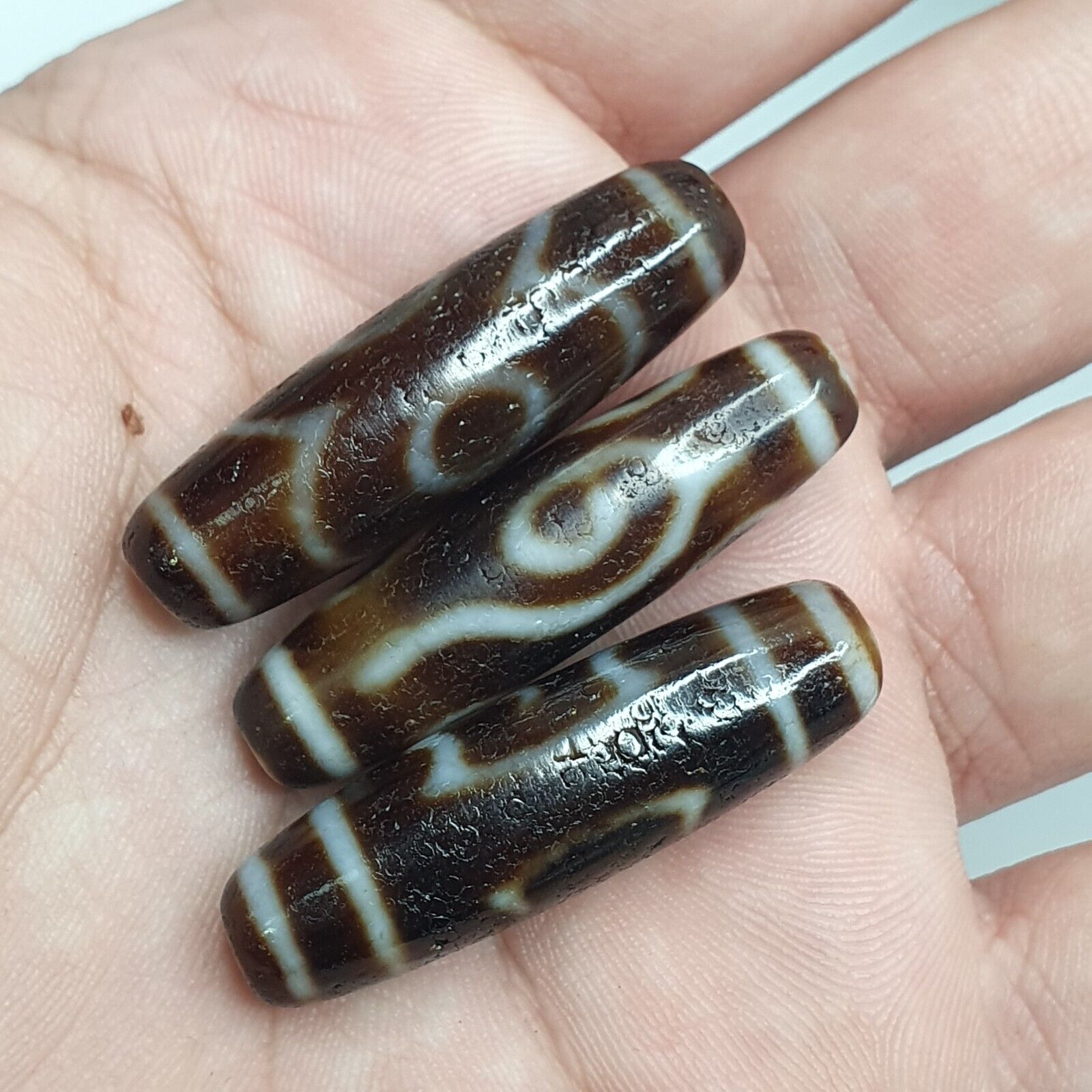 Lot 3 Vintage Tibetan Unique pattern Eyes Agate stone Dzi Bead Amulet