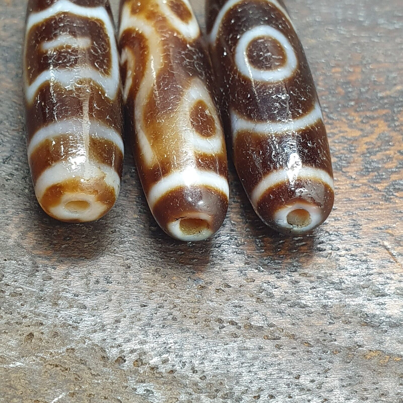 Lot 3 Vintage Tibetan Unique pattern Eyes Agate stone Dzi Bead Amulet