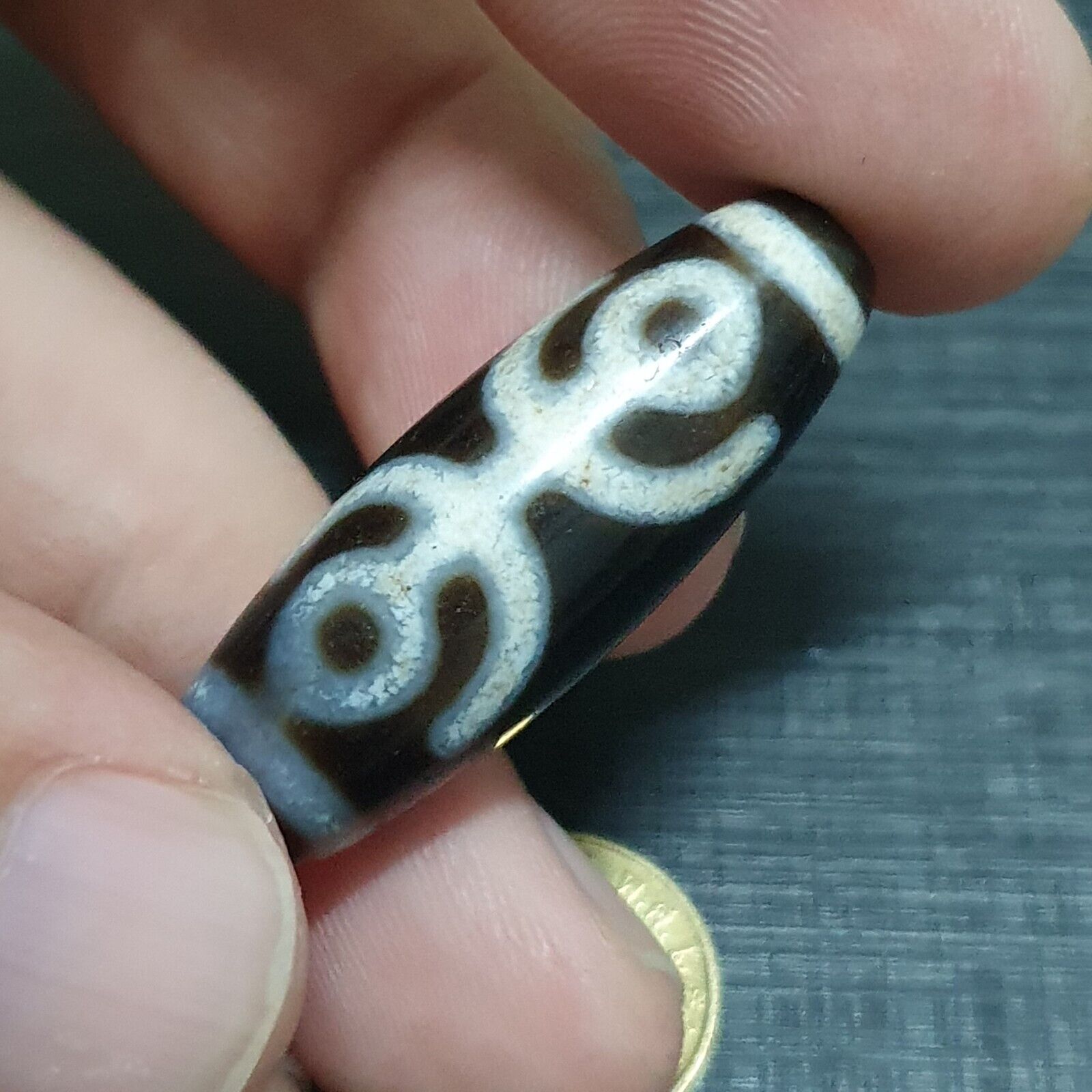 Tibetan Old Agate Dzi Bead " Unique Eyes Pattern " Amulet Pendant