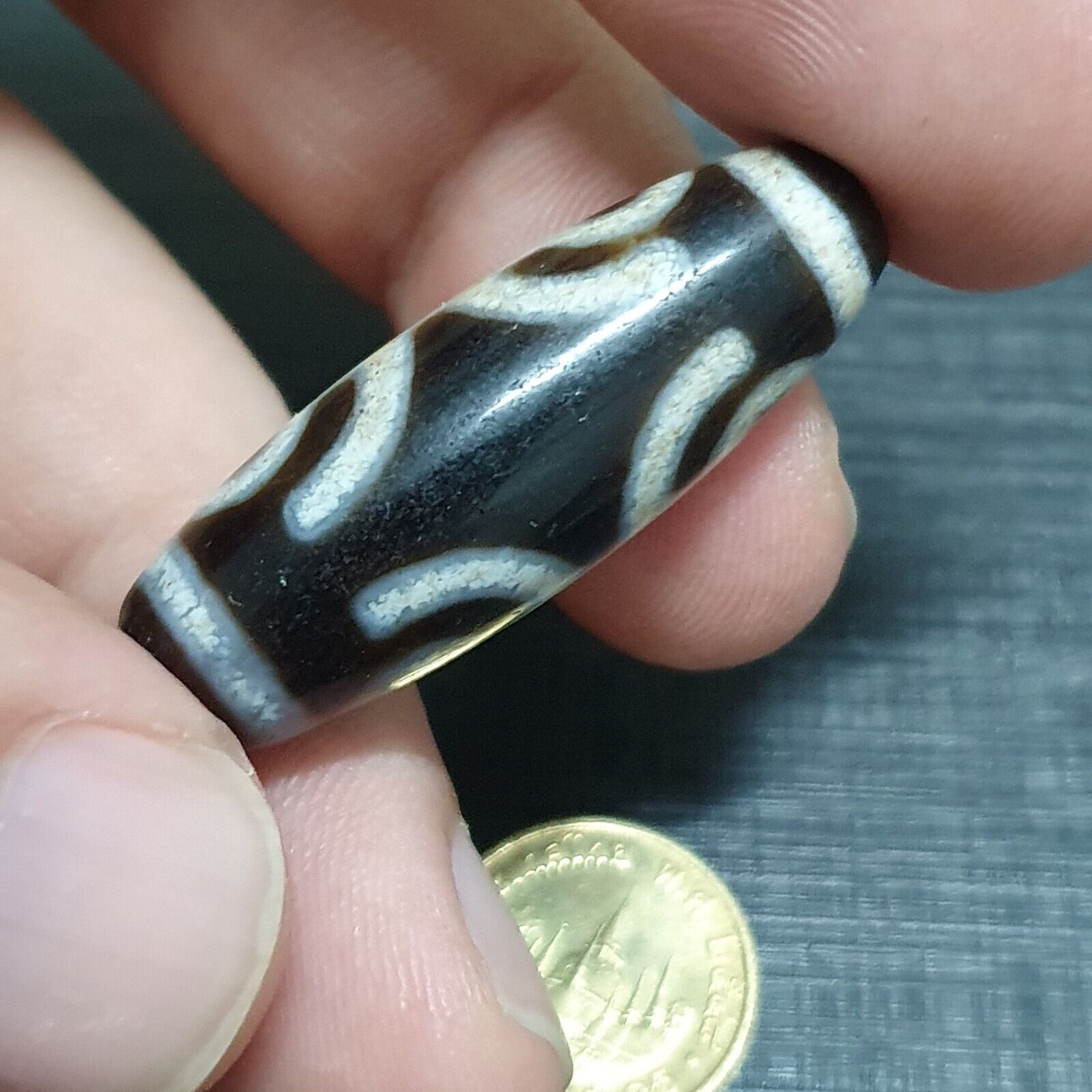 Tibetan Old Agate Dzi Bead " Unique Eyes Pattern " Amulet Pendant