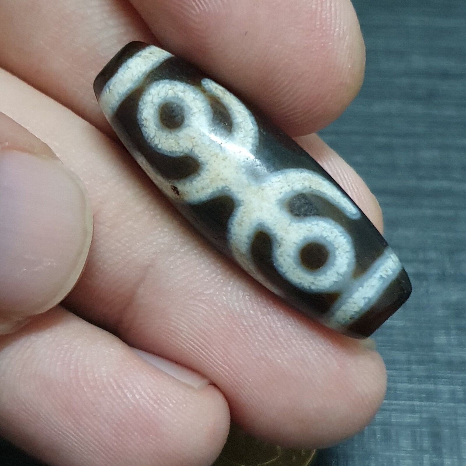 Tibetan Old Agate Dzi Bead " Unique Eyes Pattern " Amulet Pendant