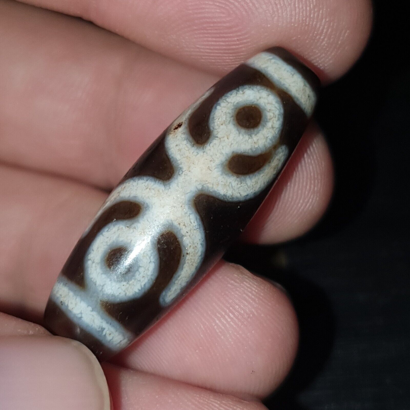 Tibetan Old Agate Dzi Bead " Unique Eyes Pattern " Amulet Pendant