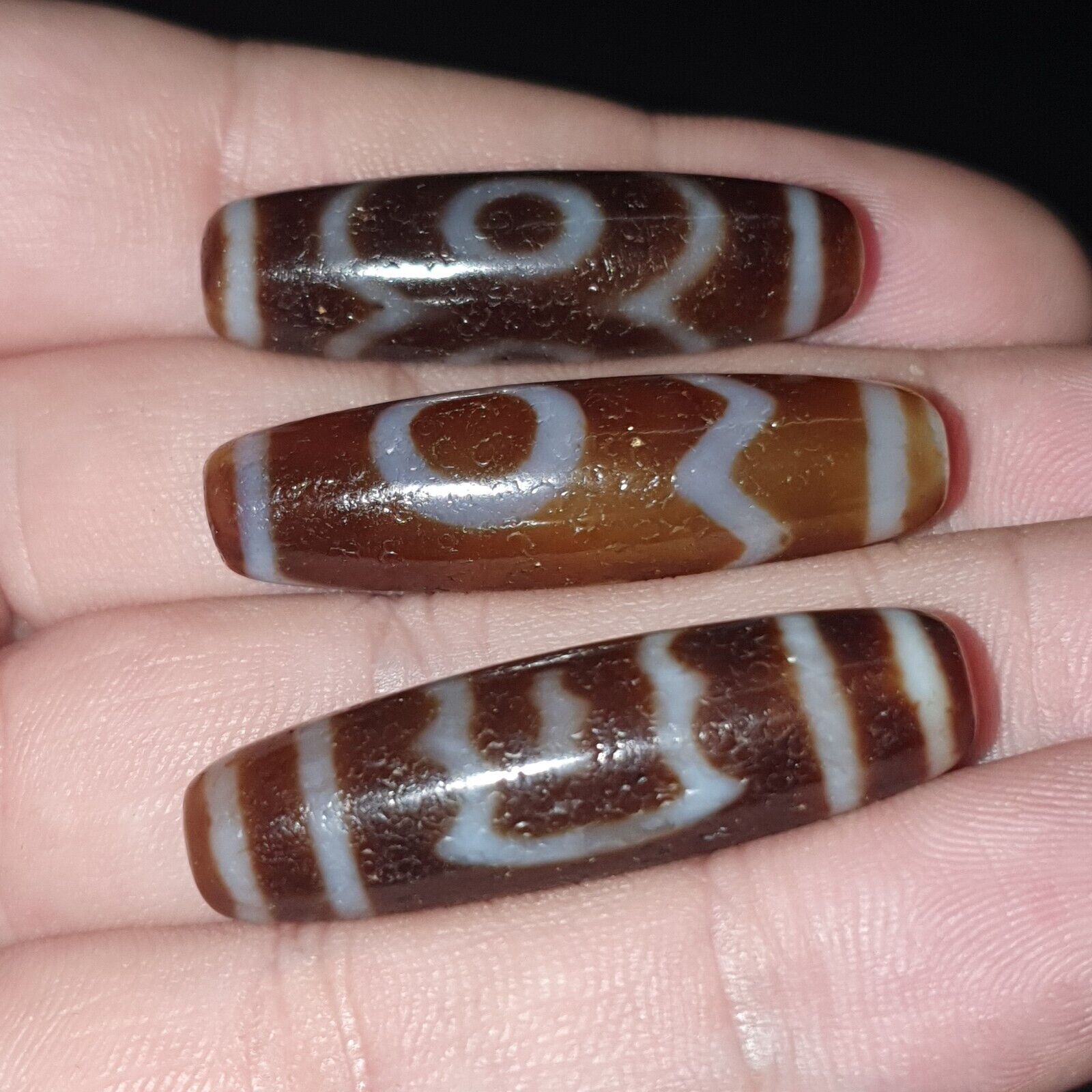 Lot 3 Vintage Tibetan Unique pattern Eyes Agate stone Dzi Bead Amulet